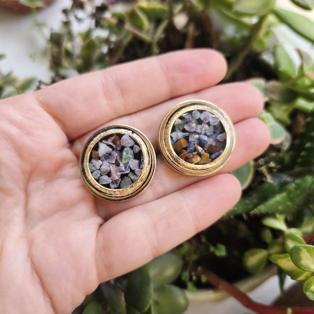 Vintage Swank Gold Mosaic Gemstone Chip Colorful Round Pair of Cuff Links